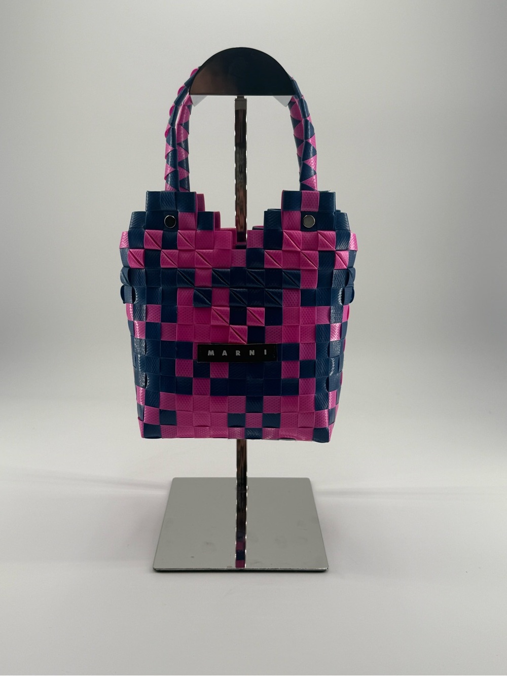 Marni Pink and Navy Checkered Woven Tote